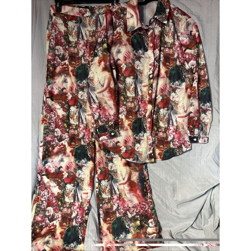 PrettyLittleThing Pant Set 2- Rose Femme Renaissance Print Wide Leg Coquette Sz8